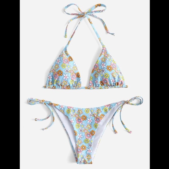 Light Blue & Multi-Colored, Floral, Bikini Set - Picture 2 of 6